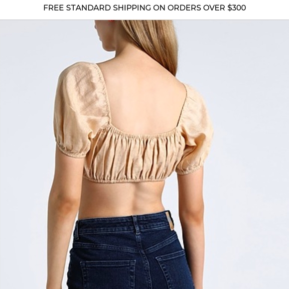 Faithfull the Brand Tops - Tan Puff Sleeve Crop Blouse with Ruched Back
